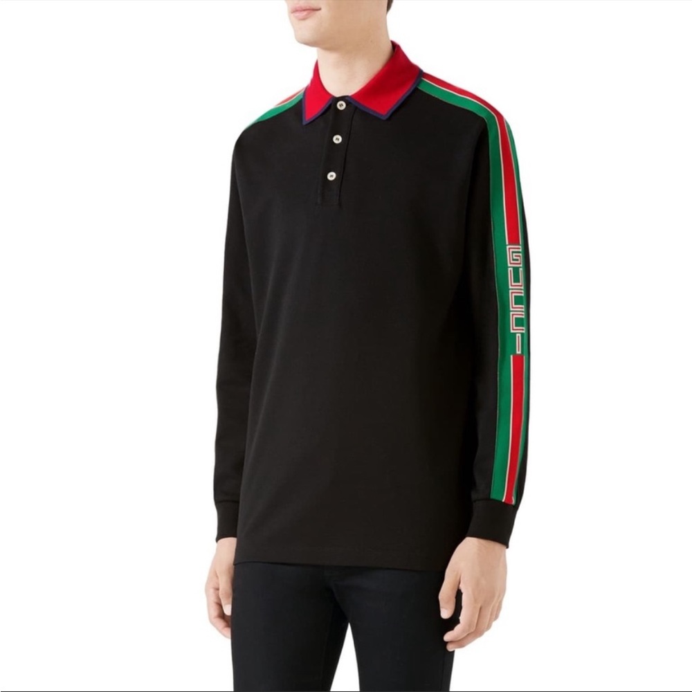 NEW Gucci Men's Black Polo With Gucci Stripe Long Sleeve Size XXXL